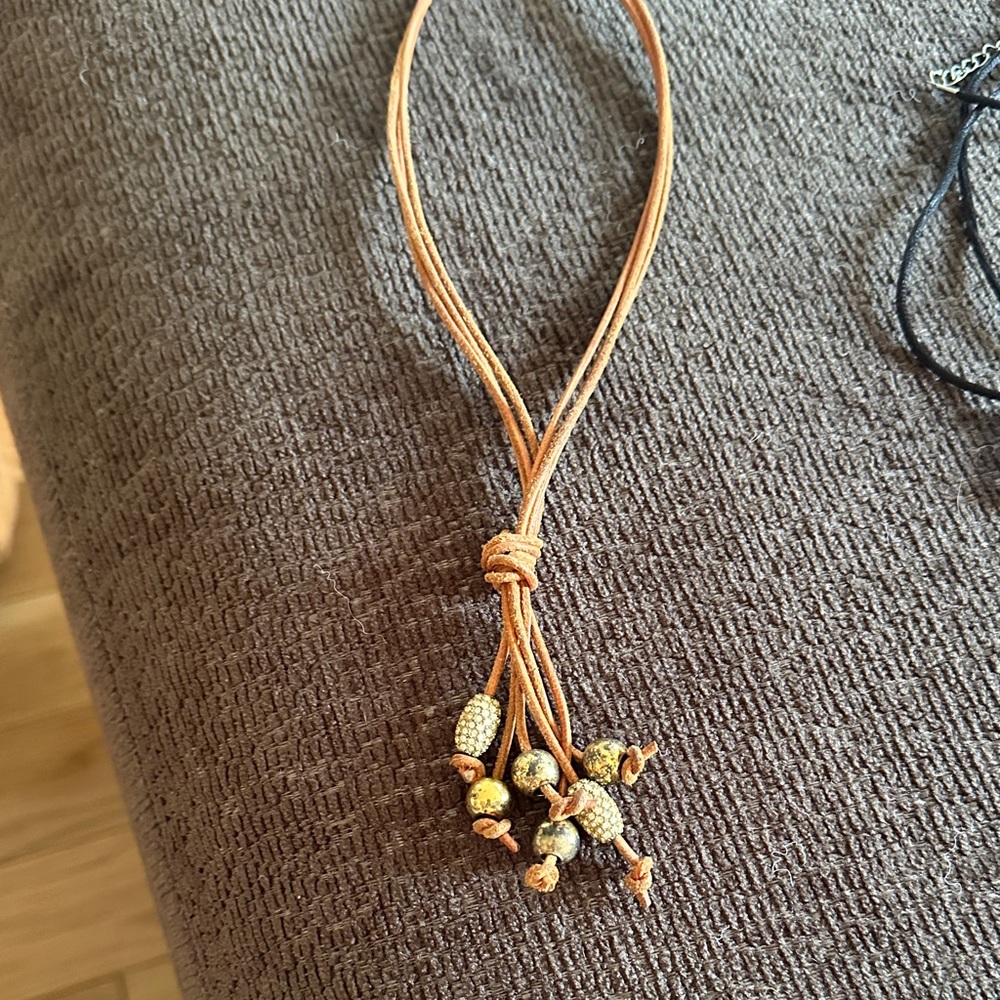 Boho Tan Leather Strand Necklace with Gold Bead Accents
